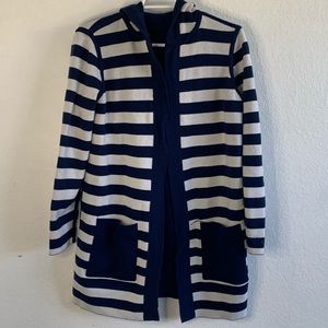 CHICOS REVERSIBLE HOODED CARDIGAN SWEATER NAVY STRIPED SOLID LONGLINE POCKETS